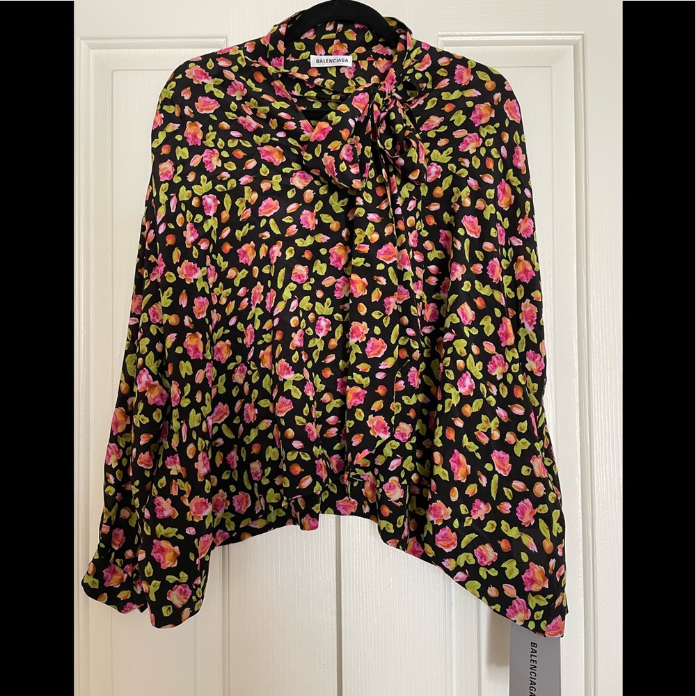 BALENCIAGA Rare Ribbon Floral Silk Blouse Size 40 Blk x Pink x Grn Size Lg NWT